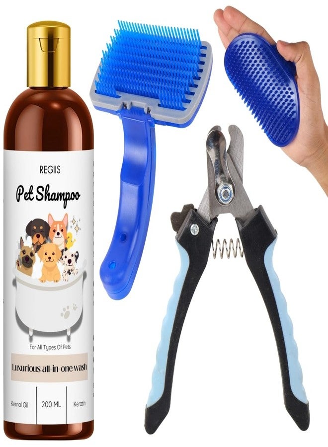 REGIIS Pet Grooming Kit with All-in-One Dog Shampoo, 200ml Luxurious Wash with Keratin and Kernel Oil, Blue Silicone Brush, Pet Nail Clipper(4 PACK) - Image 1
